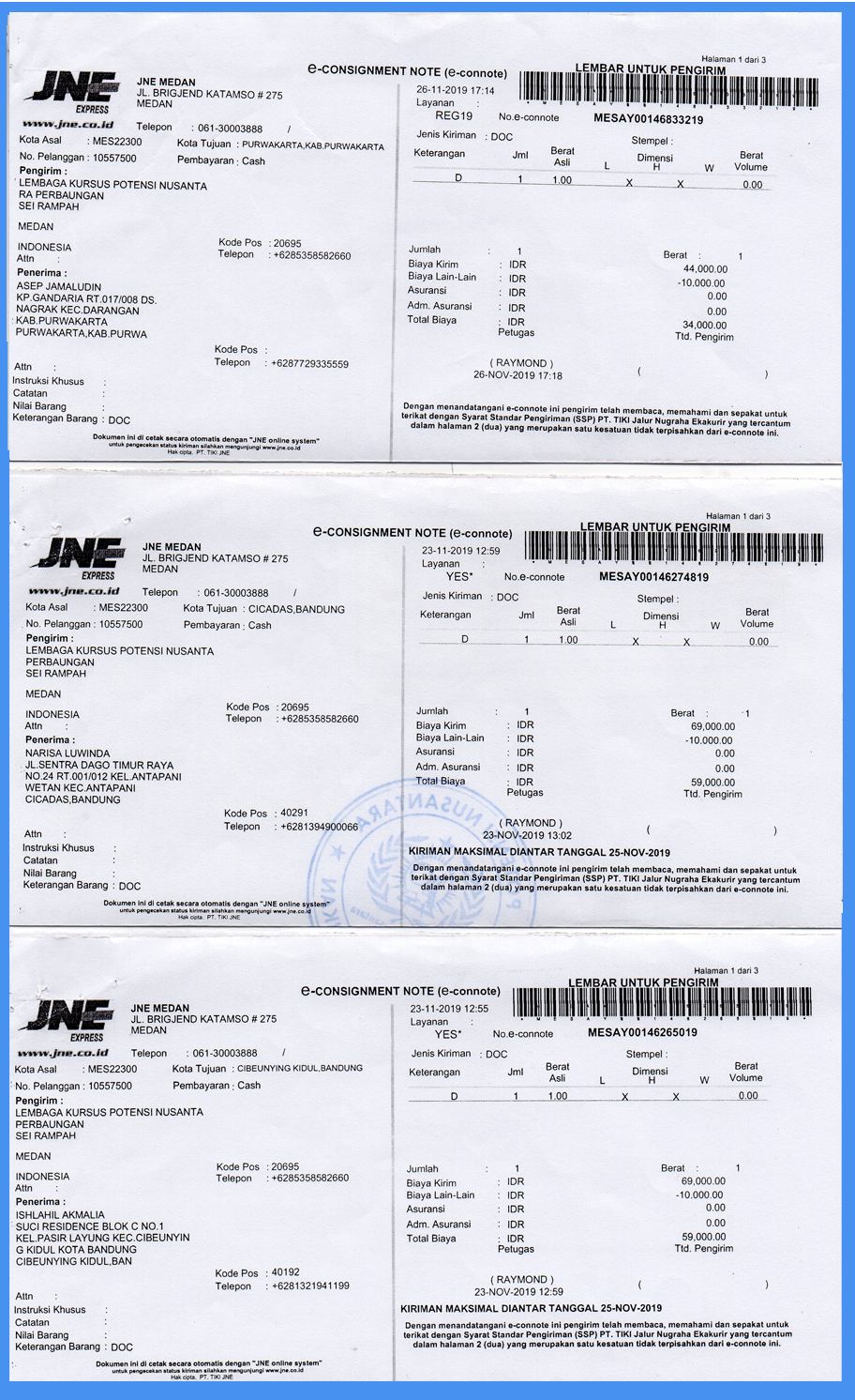 Bukti Resi Pengiriman Sertifikat Peserta yang Lulus Ujian