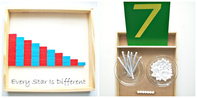 Counting to 10 using the Montessori Numerical Rods and making seven math bead bars using white beads and pipecleaners.