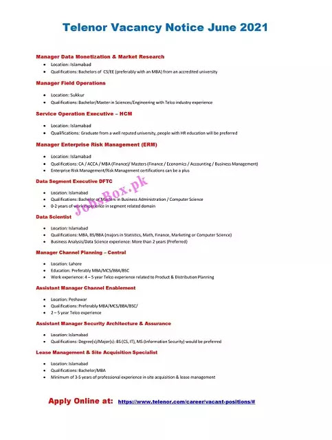latest jobs in Telenor pakistan 2021 latest jobs in Telenor pakistan 2021