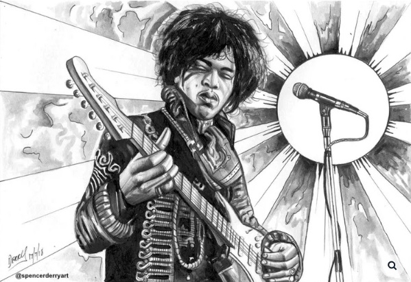 Portrait Art Drawing Of Jimi Hendrix - Drawn by Artist Spencer J. Derry. Original art