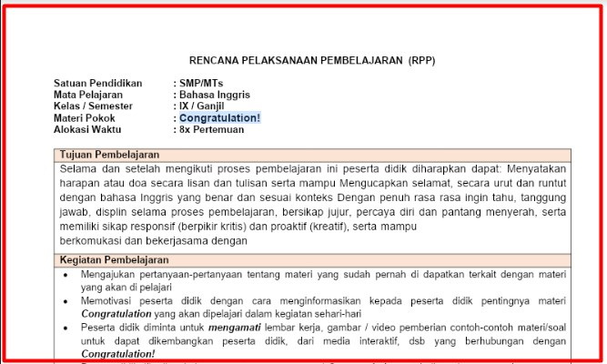 Download Lengkap Rpp Bahasa Inggris 1 Lembar Smp Kelas 9 Materi Congratulation