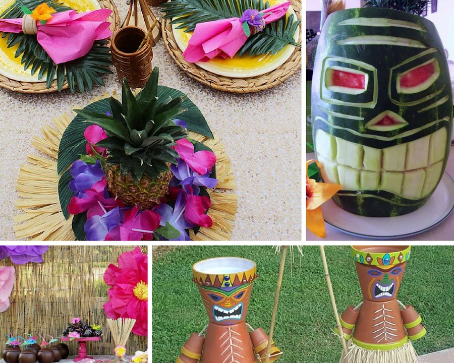 ideas tutoriales paso a paso decoración fiesta hawaiana de verano hibiscus hojas tropicales palmeras tiki 