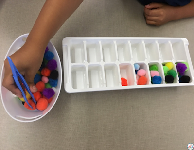 Fine Motor activies Tweezers and pompoms movie the pompoms to the ice cube trays Fine motor activities with tons and pompms