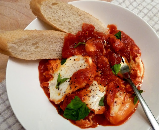Cracked Pepper Eggs in Tomato Sauce with Smoked Mozzarella