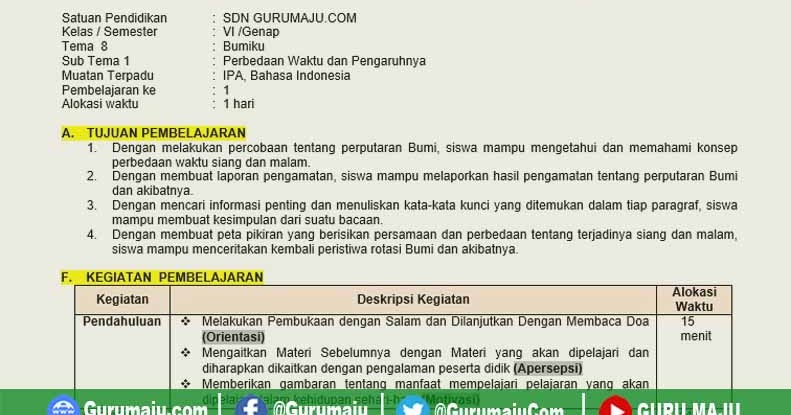 RPP Kelas 6 Tema 8 K13 Revisi 2020 Format 1 Lembar GURU MAJU