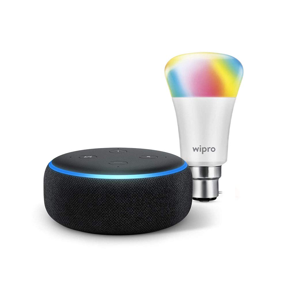 Echo Dot (Black) bundle with Wipro 9W LED smart color bulb @ Rs 2,299.00