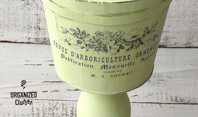 Thrifted Wooden Bucket & Candlestick Pedestal Planter #upcycle #repurpose #springdecor #primamarketingtransfer #frenchcountry #pedestalplanter