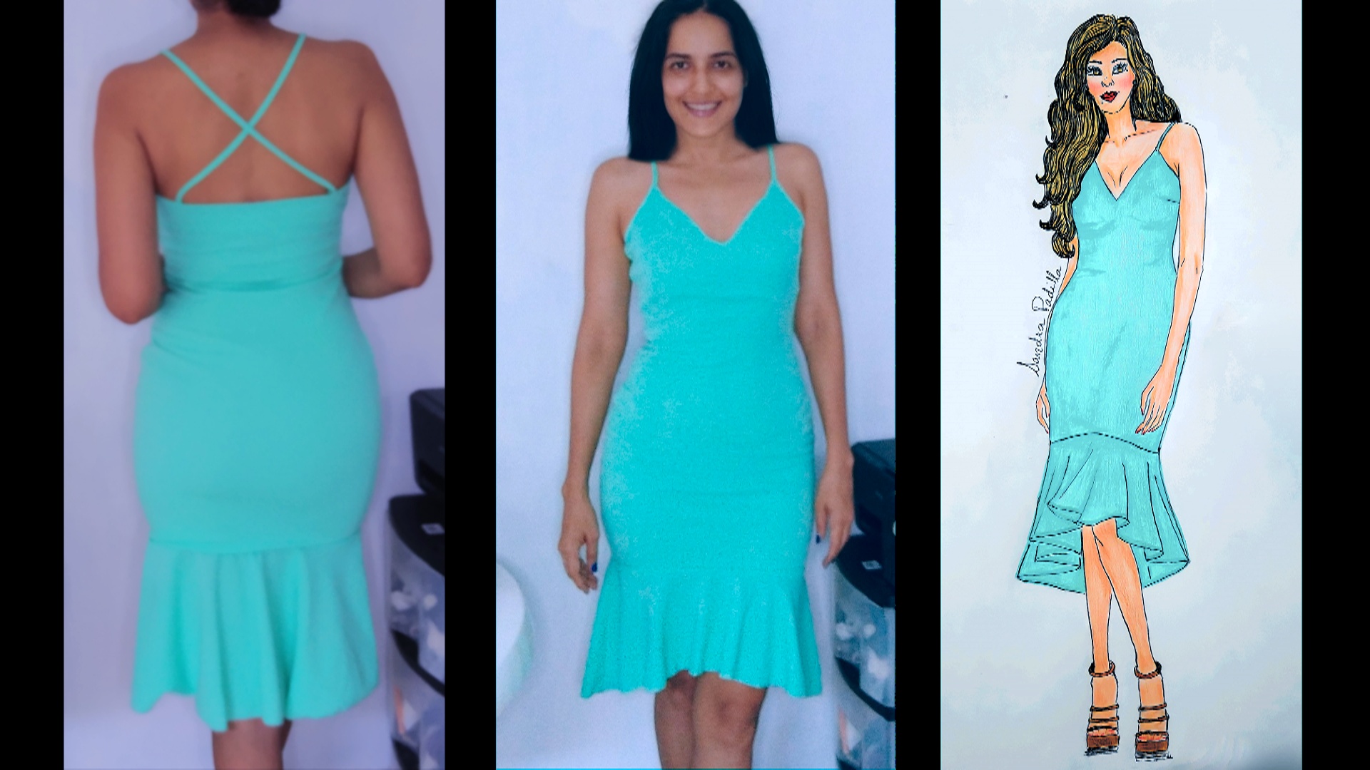 Y DE VESTIDO AJUSTADO, CON TIRANTES Y GOLA ASIMETRICA EN