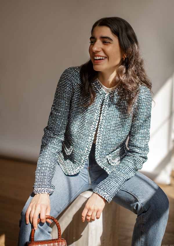 22 Tweed Jackets for a Cool Spring Look — Greed Tweed Blazer, Basic Top, and Jeans