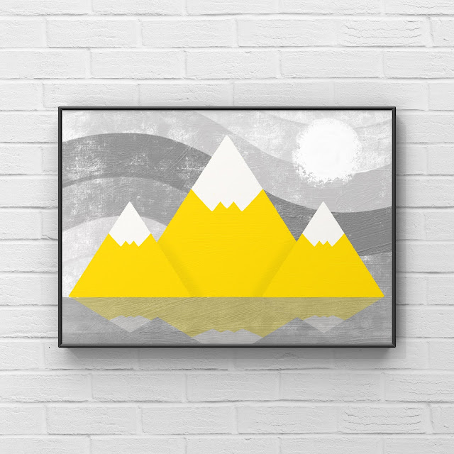 Three Peaks by Mark Taylor Abstract Mountains, mountain art, snow, yellow, gray, painting,