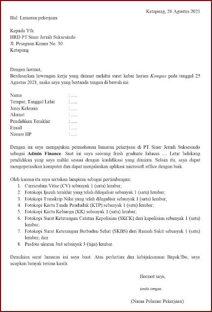 Contoh Surat Lamaran Kerja Untuk Admin Finance (Fresh Graduate) Berdasarkan Informasi Dari Media Cetak Contoh Application Letter Untuk Admin Finance (Fresh Graduate) Berdasarkan Informasi Dari Media Cetak