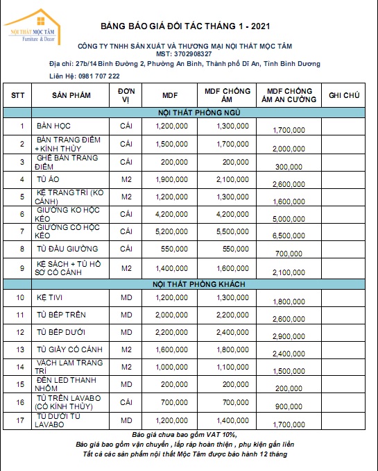 Bảng báo giá Nội Thất Mộc Tâm - Tháng 1 - 2021 ~ Nội Thất Mộc Tâm