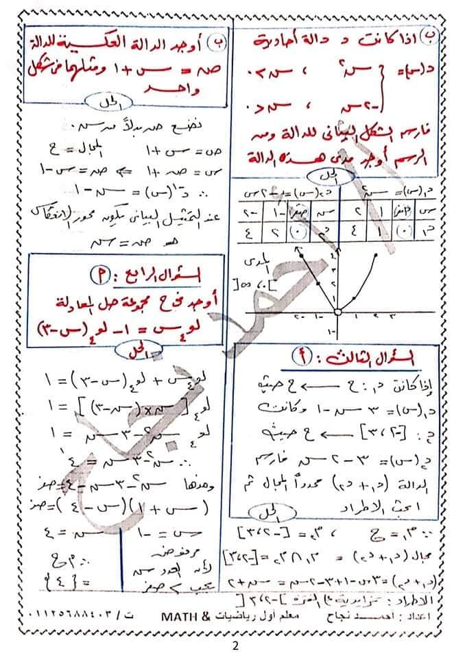 اجابات نماذج اختبارات الكتاب المدرسي جبر 2 ثانوي الترم الاول أ/ احمد نجاح  2