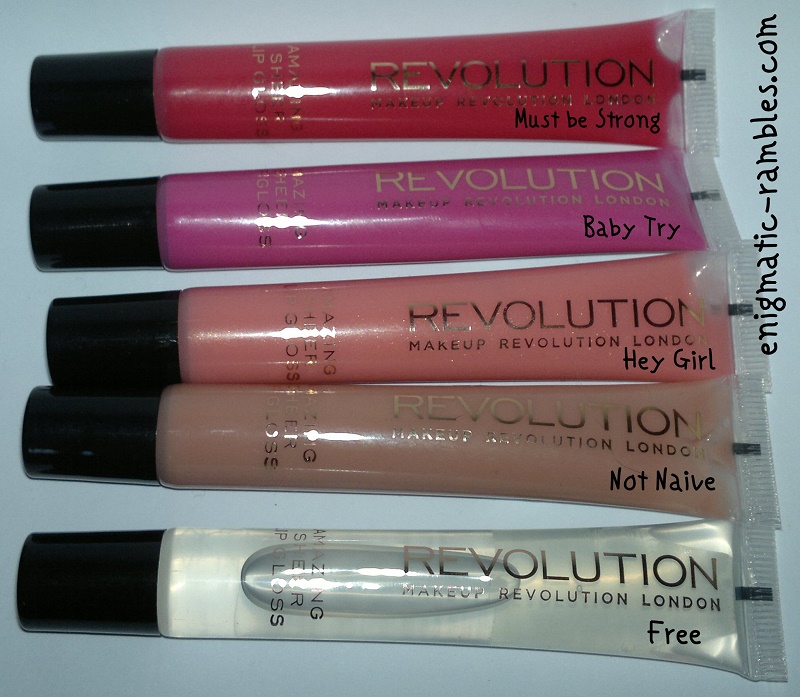 Swatch-Review-Makeup-Revolution-Lipgloss-Must-Be-Strong-Baby-Try-Hey-Girl-Not-Naive-Free