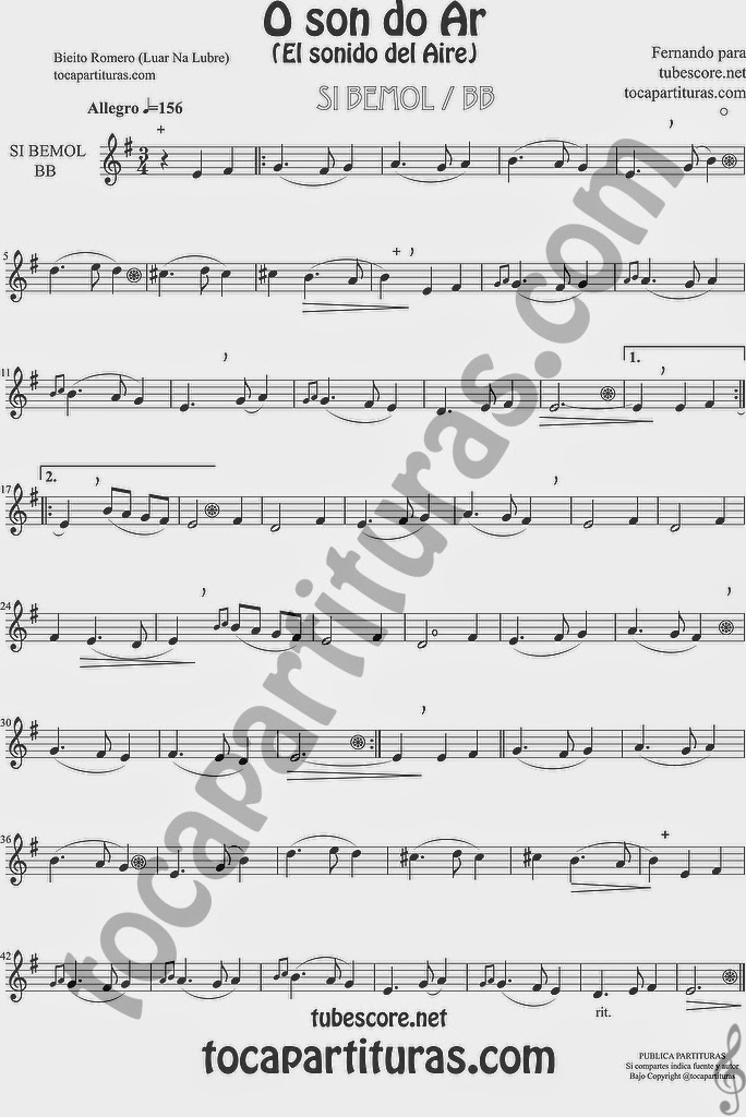   Versión Partitura en Si bemol para tompeta, saofón tenor, saxo soprano y clarinete