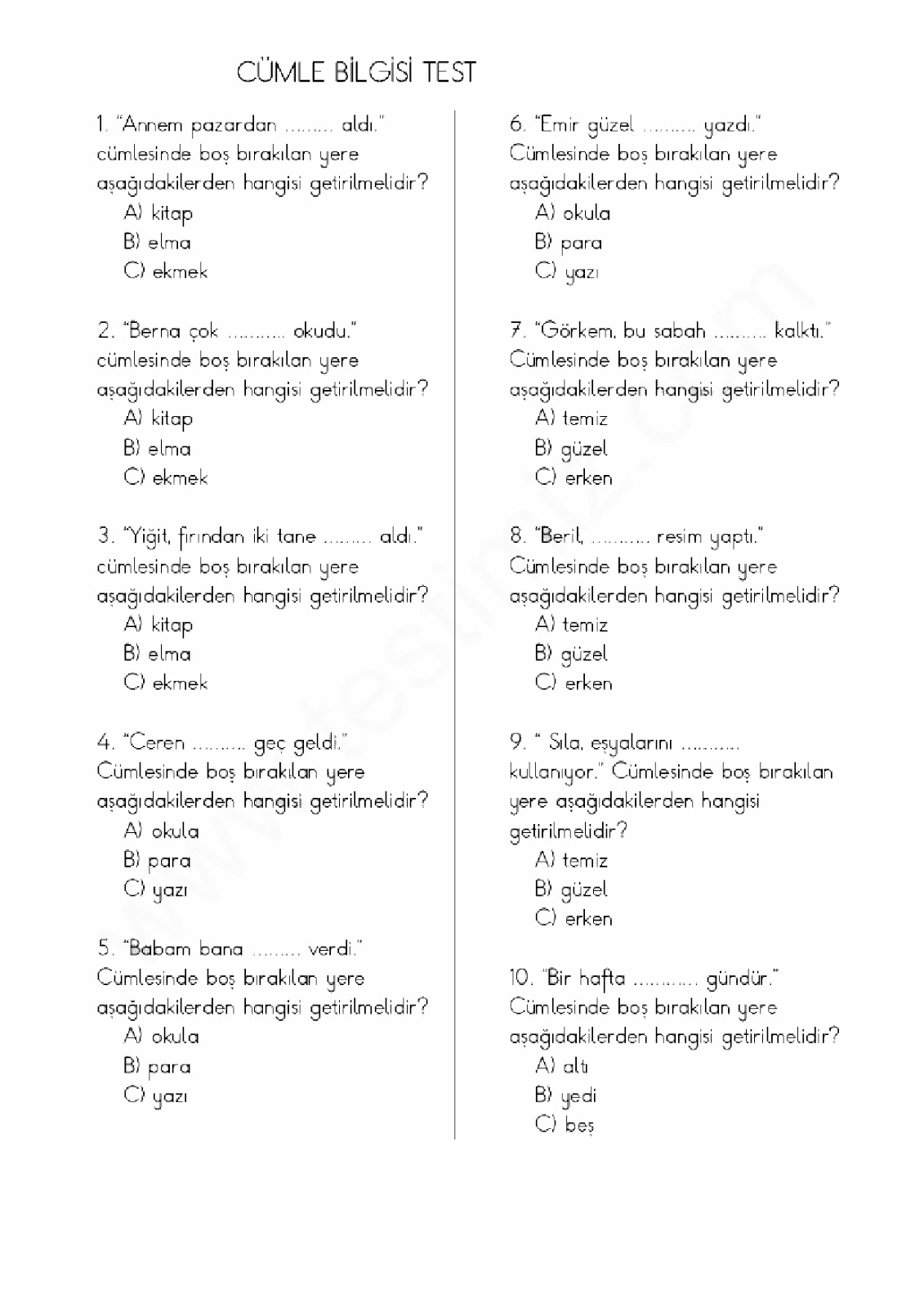 1. Sınıf Türkçe Cümle Bilgisi Çalışma Kağıdı - Ders Kitabı Cevapları