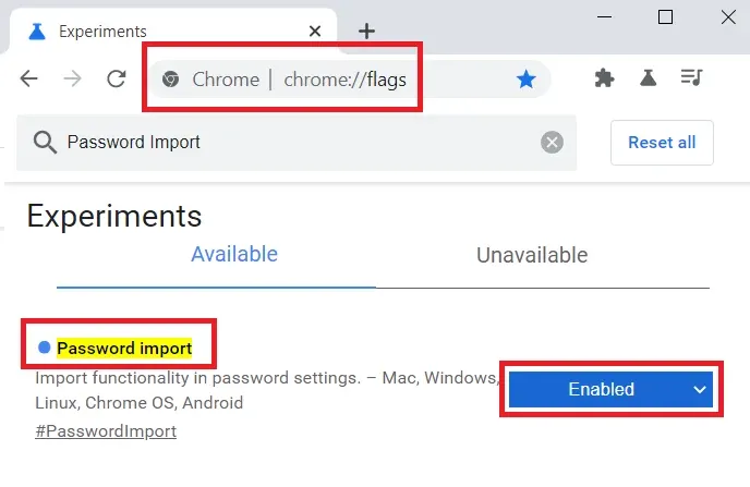 Password Import in Google Chrome Flags