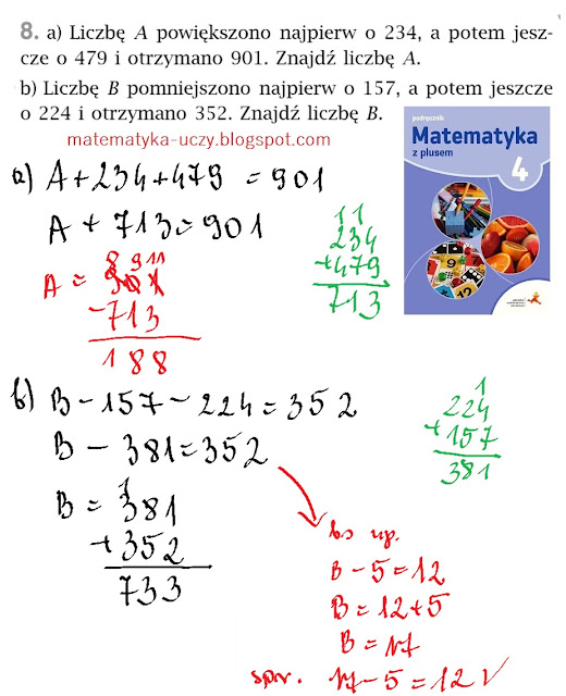 Zad. 6 i 8  str. 97/98 "Matematyka z plusem 4" Odejmowanie liczb sposobem pisemnym w zadaniach z treścią