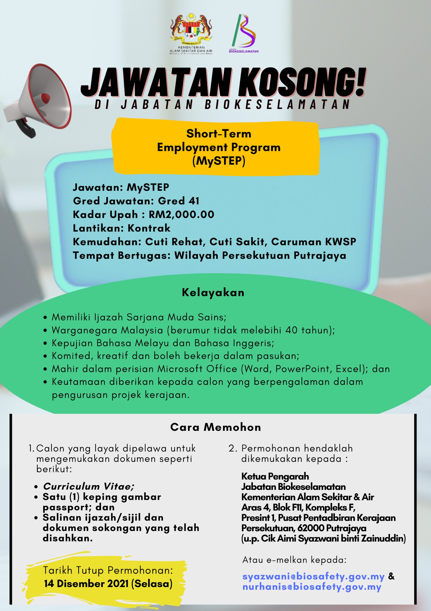 Jawatan Kosong di Jabatan Biokeselamatan Malaysia 14 Disember 2021