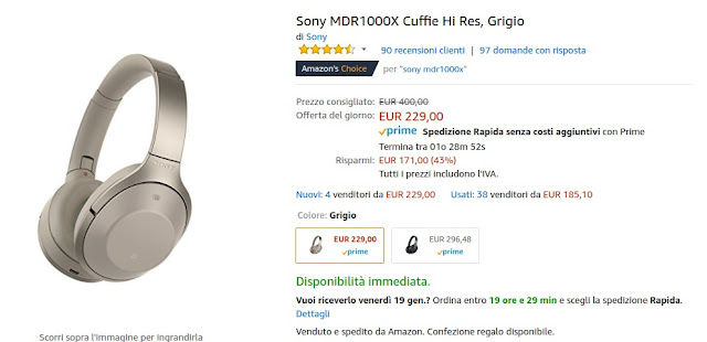 Offerta del giorno Amazon: cuffie Sony MDR1000X con riduzione del rumore a 229 euro vendute e spedite da Amazon