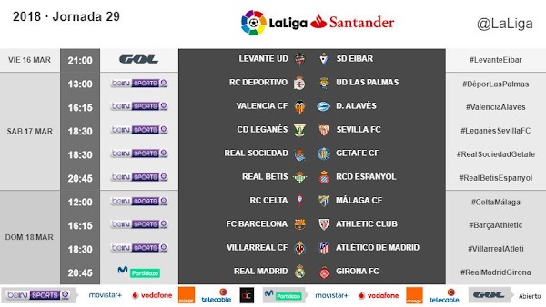 Liga Santander 2017/2018, horarios oficiales de la jornada 29