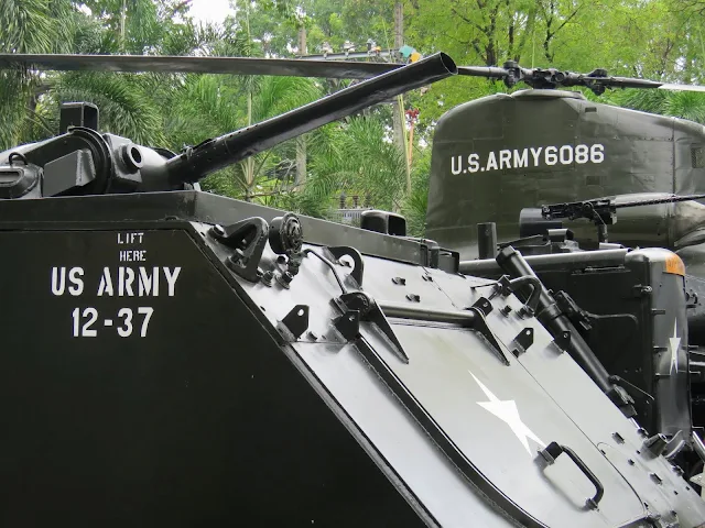 U.S. Army helicopter and tank outside the War Remnants Museum in Ho Chi Minh City Vietnam