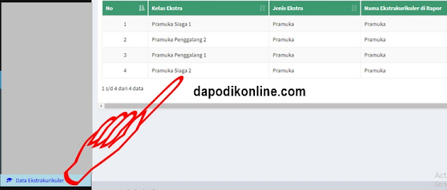 Tampilan data ekstrakurikuler di aplikasi e-rapor