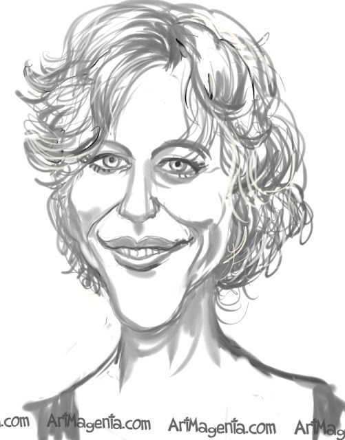 Meg Ryan caricature cartoon. Portrait drawing by caricaturist Artmagenta