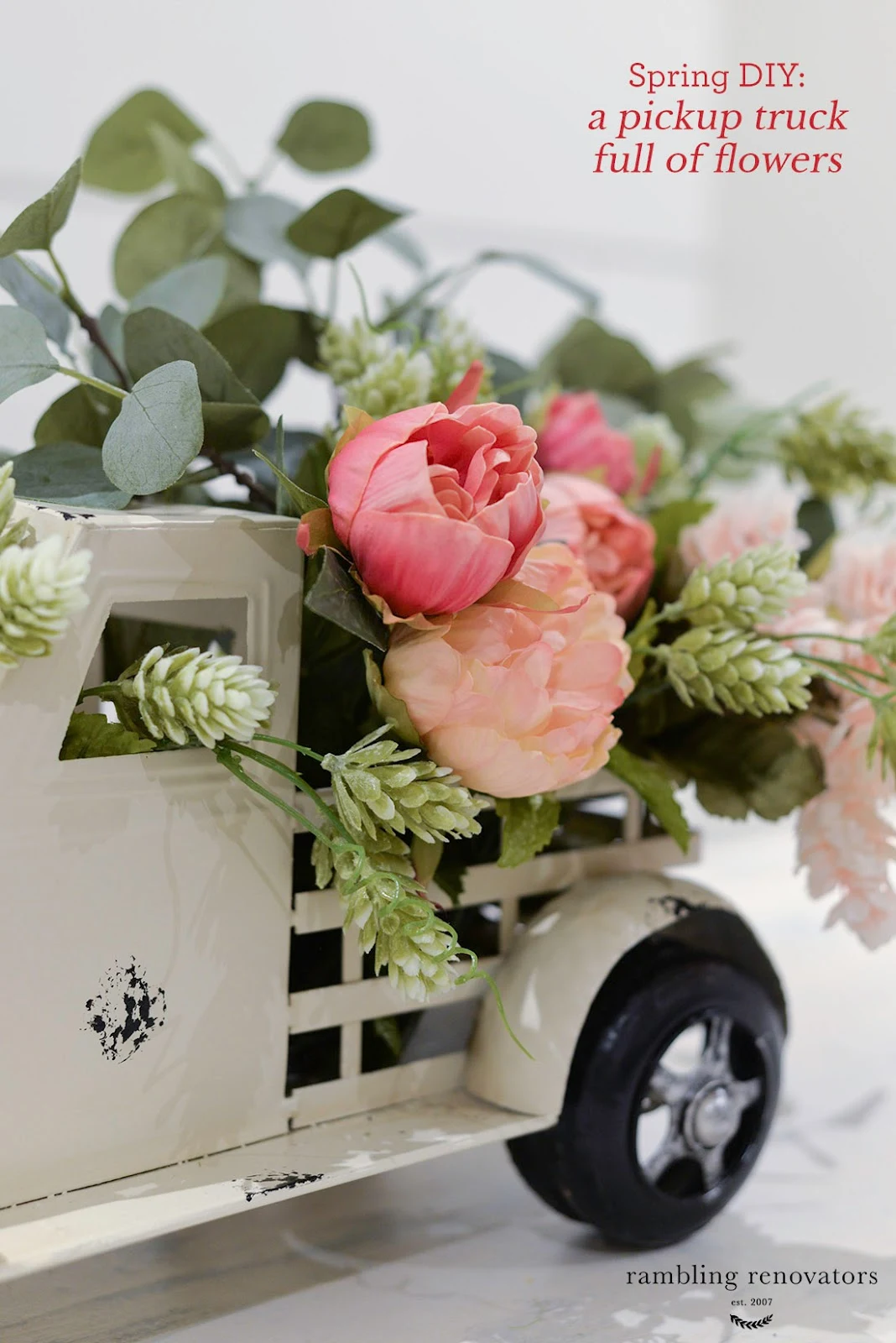 spring DIY, pickup truck planter, tips on arranging faux flowers