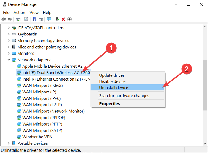 disinstallare il driver dell'adattatore wireless