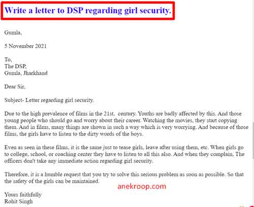 Write a letter to DSP regarding girl security. Write a letter to DSP regarding girl security.
