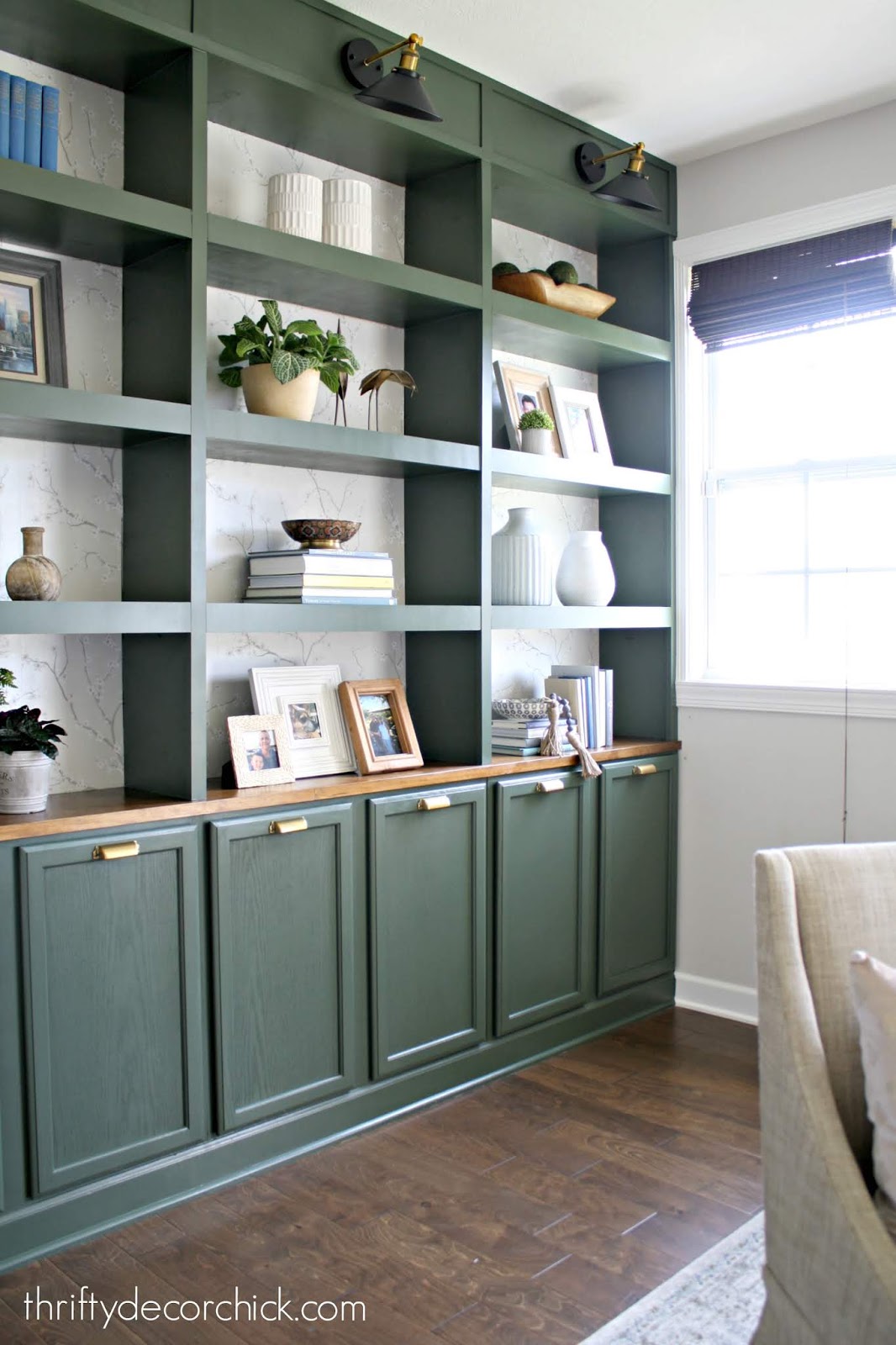 How to decorate the back of a bookcase + easy shelf liners for the kitchen  cabinets - Green With Decor