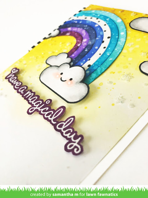 Have a Magical Day Card by Samantha Mann, Lawn Fawnatics Challenge, Color Inspiration, Lawn Fawn, Rainbow, Distress Inks, Embossing Paste, Glitter, Cards, Handmade Cards #lawnfawn #lawnfawnatics #colorinspiration #distressinks #inkblending #stencil