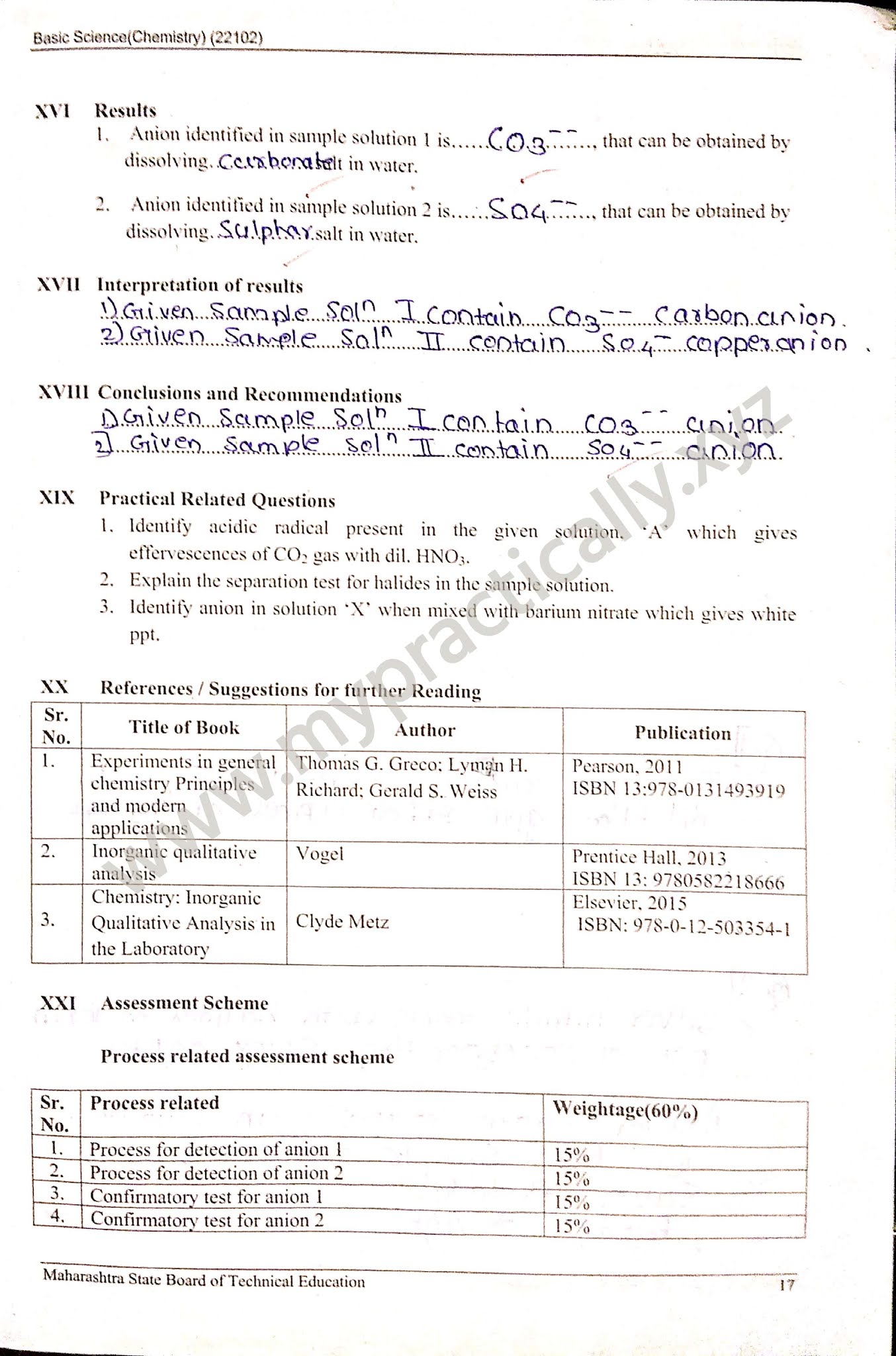Identification of Anions Practical Answers Chemistry Answers First Year