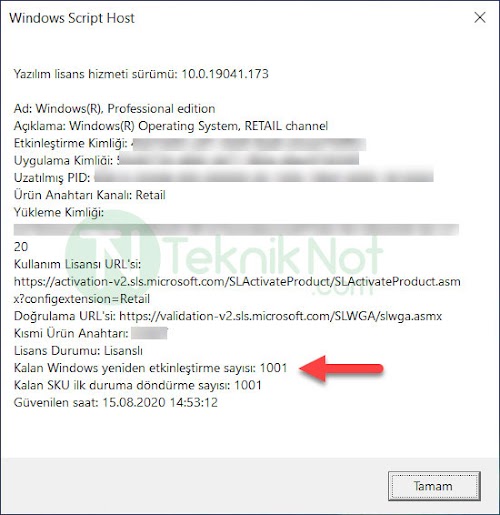 Windows'un kalan etkinleştirme sayısını öğrenme