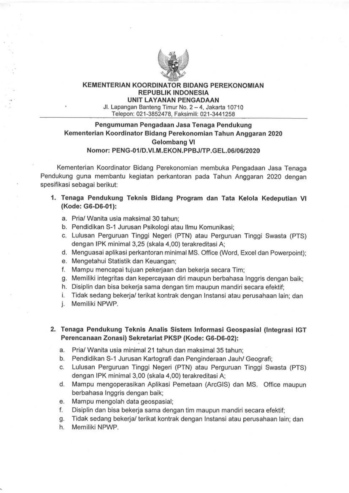 Lowongan Kerja Kementerian Koordinator Bidang Perekonomian Juni 2020