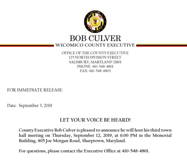 Salisbury News REMINDER Town Hall Meeting In Sharptown TONIGHT