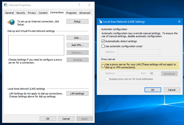Windows n'a pas pu détecter automatiquement les paramètres de proxy de ce réseau