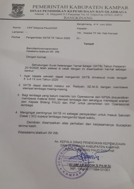 Surat Edaran  Dinas Pendidikan Kepemudaan dan Olahraga Kabupaten Kampar Perihal Jadwal Pengambilan SKTB TK Tahun 2020 