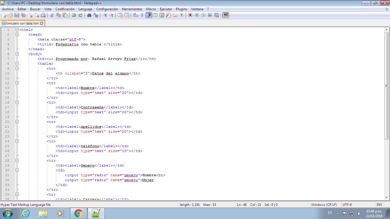 Primer Diseño Tabla con formulario HTML
