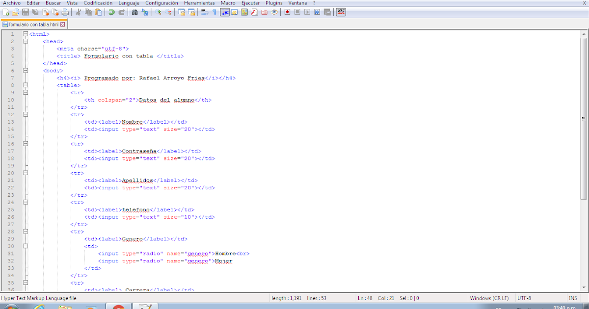 Primer Diseño Tabla con formulario HTML