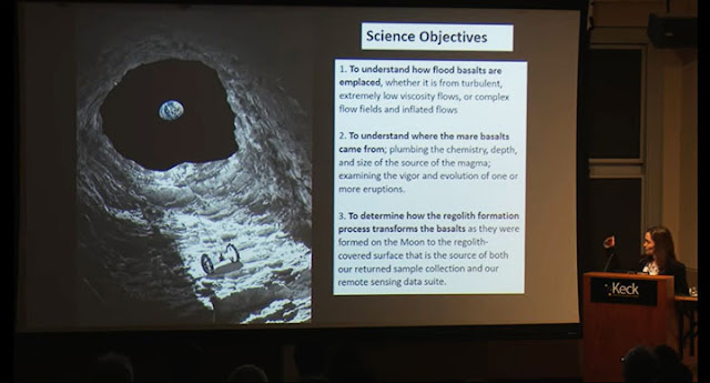 Dr. Laura Kerber with artist's impression of Moon Diver and scientific goals (Source: Keck Lecture series)