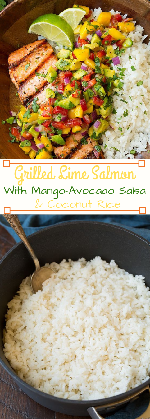 Grilled Lime Salmon with Avocado-Mango Salsa and Coconut Rice #mango # ...