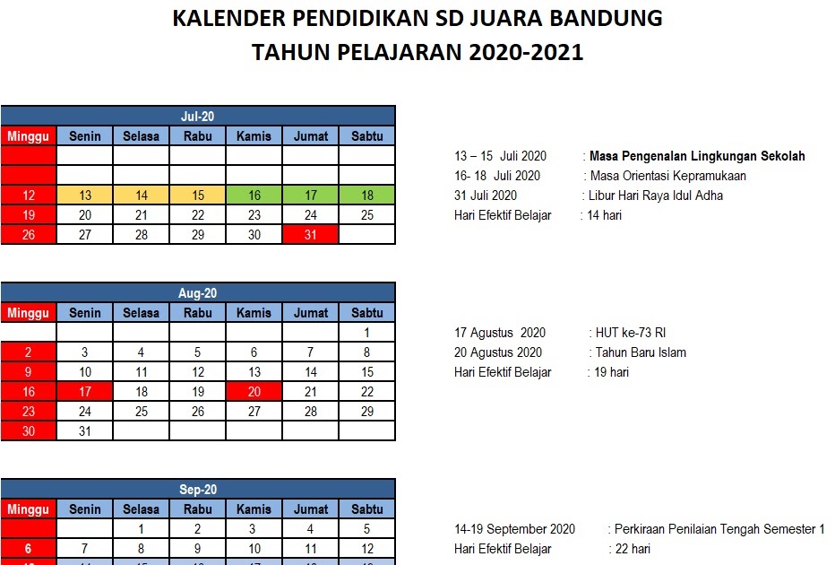 KALENDER AKADEMIK 2020-2021 - SD Juara Bandung