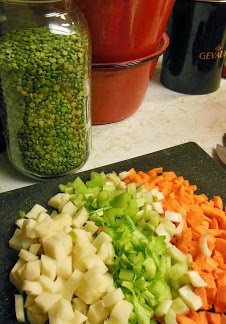 Chock full of vegetables! Curried "Peas and Carrots"  Split Pea Soup.