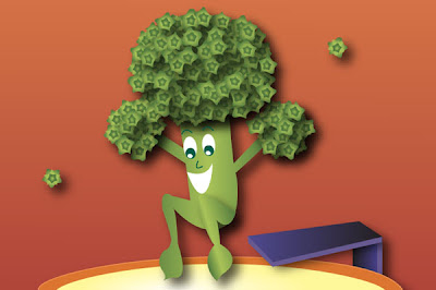 close up illustration of broccoli diving into a pool of dip