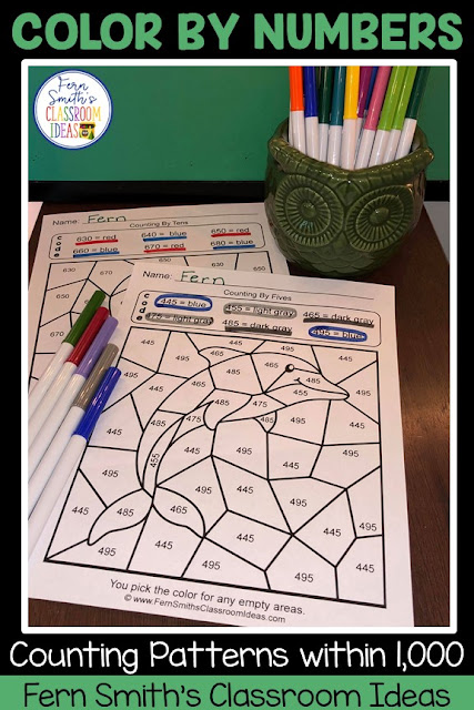 Do You Need Lesson Plans and Resources to Teach Counting Patterns Within 100 and Within 1,000? This blog post has lesson plans, task cards, color by number printables and center games for  and Second Grade Go Math 1.8 and 1.9, Counting Patterns Within 100 and Counting Patterns Within 1,000.  You will love how easy it is to prep this bundle for your math class. Perfect for small groups, read the room, centers, scoot, tutoring, Around the World whole class game, homework, seat work, so many ways to use these task cards that the possibilities are endless. Your students will enjoy the freedom of independent learning with these color by code worksheets and reviewing important skills with the center games and task cards! Perfect for an assessment grade for the week or for a substitute teacher day! #FernSmithsClassroomIdeas
