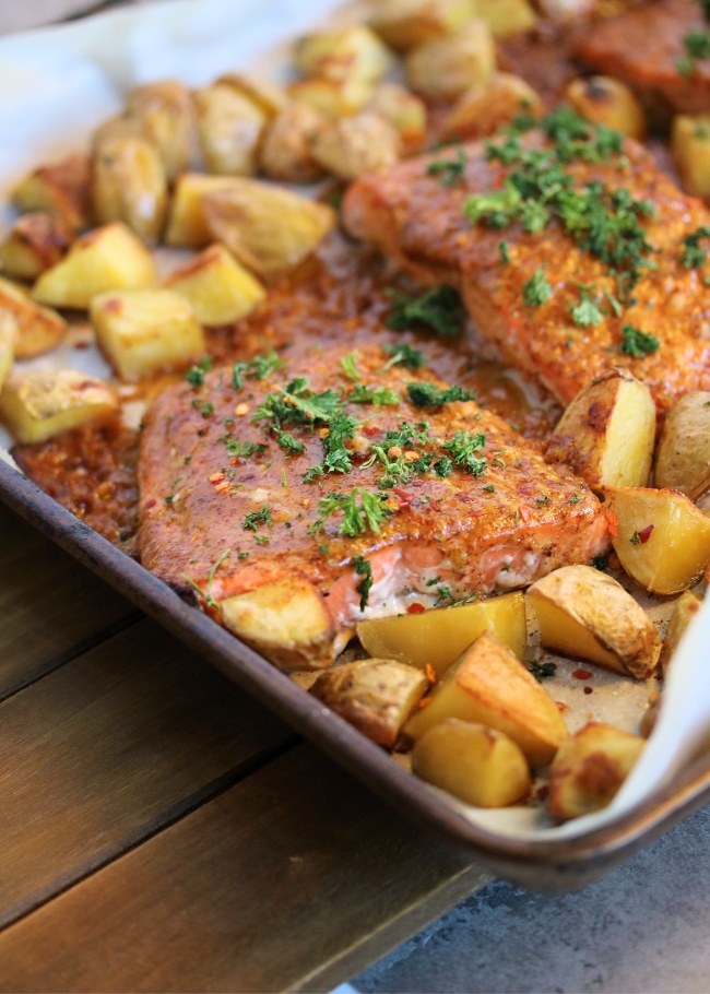 Just Jessie B Sheet Pan Honey Dijon Salmon & Potatoes PALEO