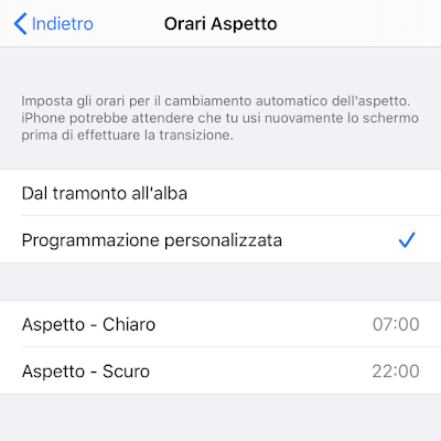 Opzioni dell'orario Dark Mode di iOS 13 Apple