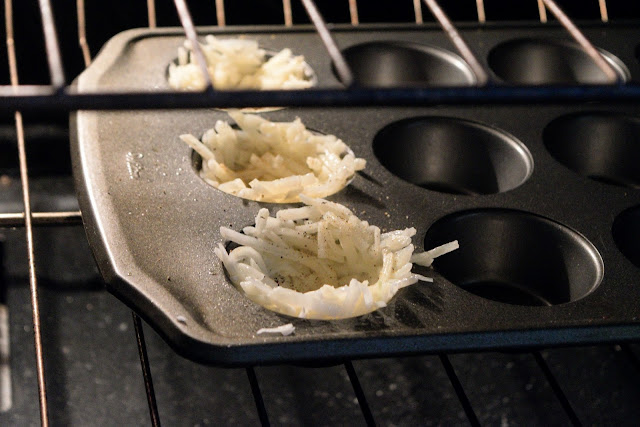 The nests par baking in the oven. 